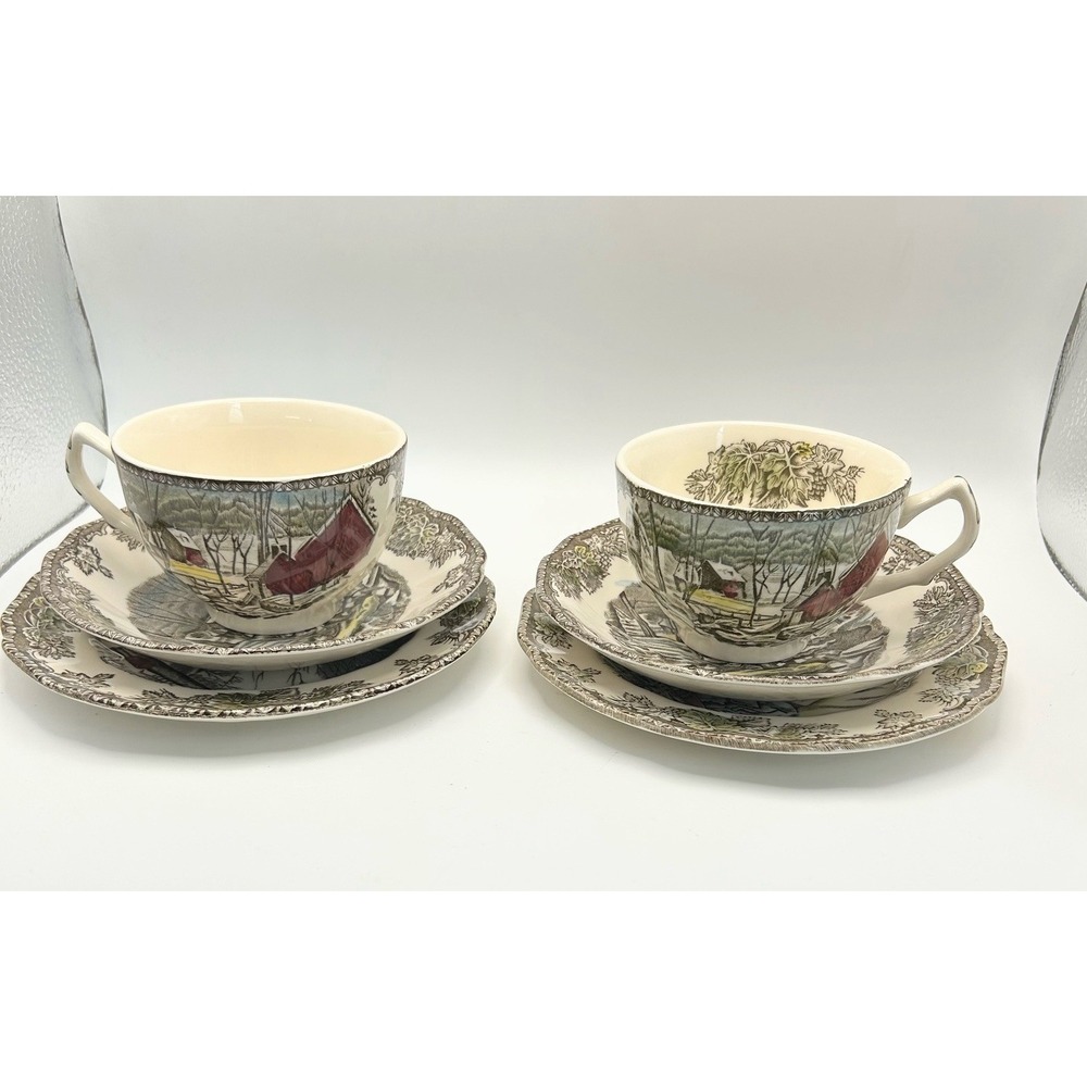 2 Vintage Johnson Bros Friendly Village Sugar Maple Tea Cup Saucer Plate Set 6Pc